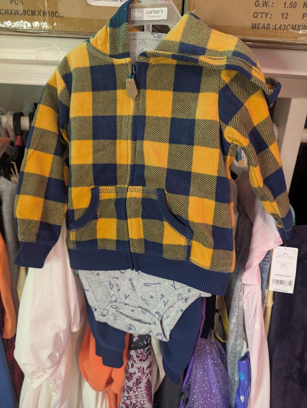 Nwt Carter's toddler boy yellow and navy buffalo check fleece zip-up hoodie